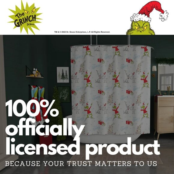 Dr. Seuss The Grinch Shower Curtain 72”x72” Christmas Max Candy Canes Presents - Picture 4 of 4